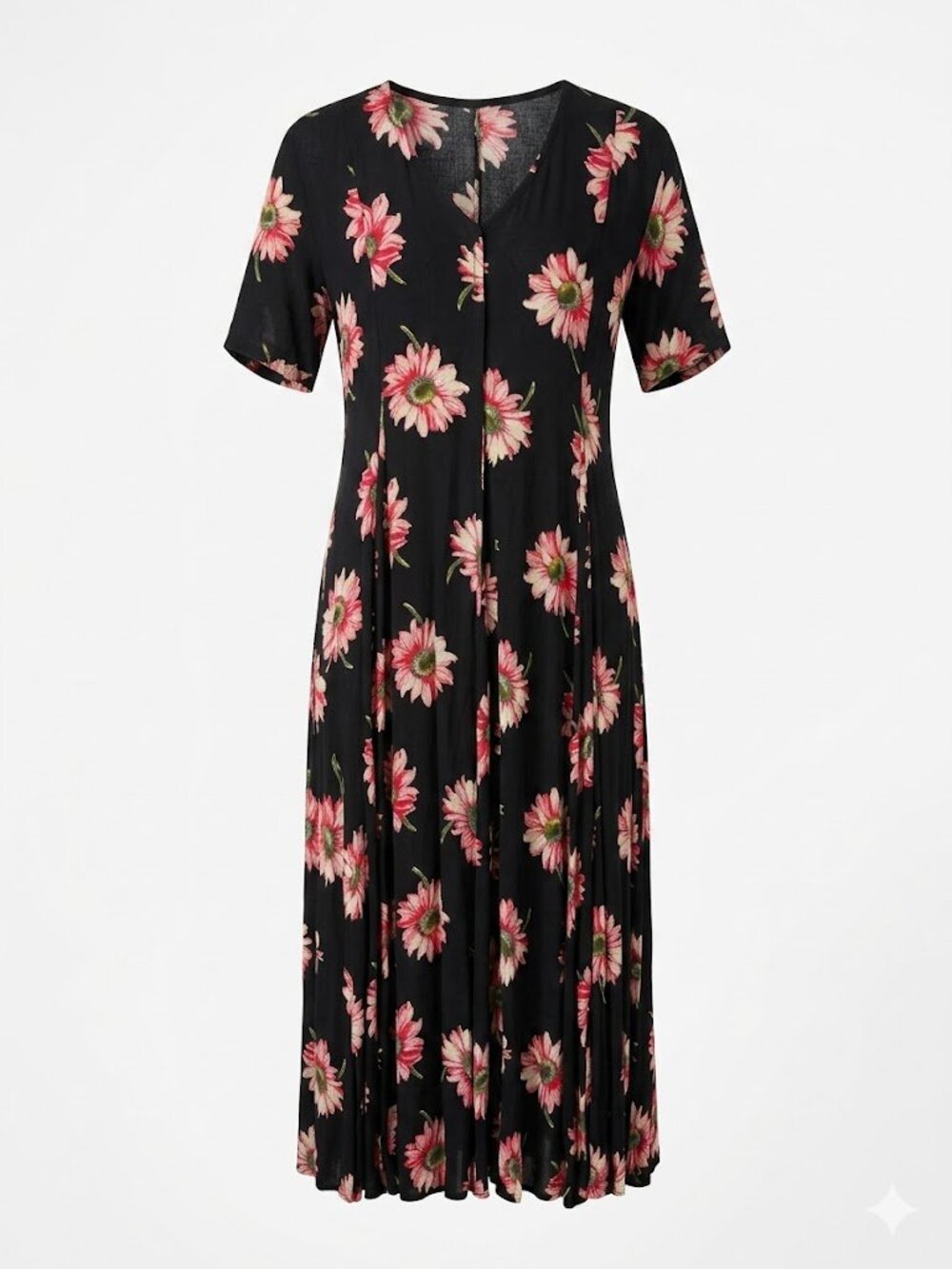 Vintage-Style Floral Button-Down Maxi Dress with Padded Shoulders